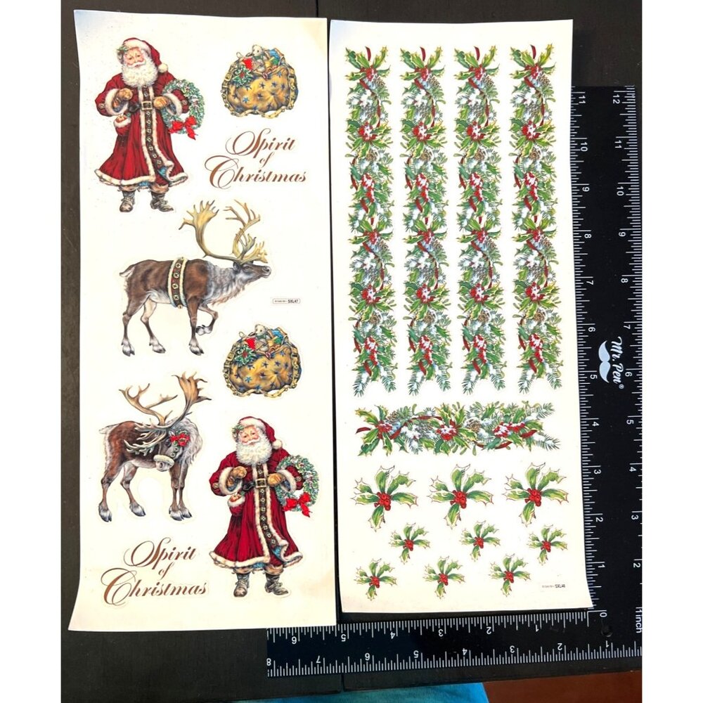 Vintage Christmas Sticker Sheets With Santa Reindeer & Holly Designs